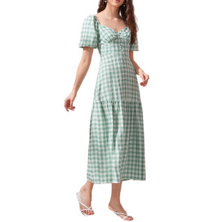 Plaid Puff Sleeve Long French Dress for Women 5