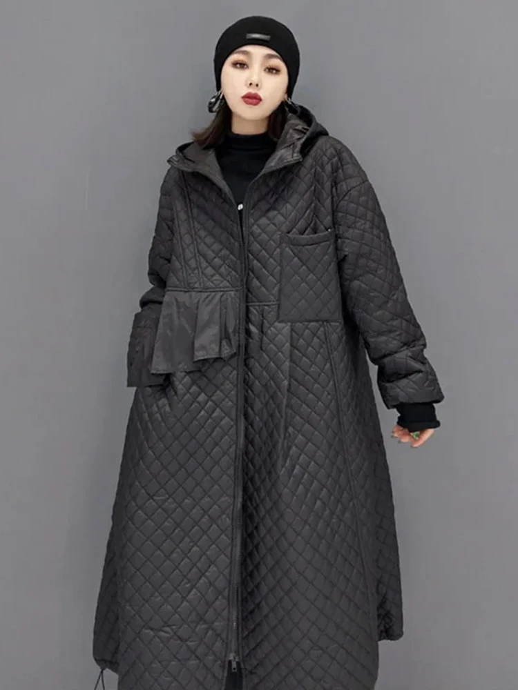 Hooded Parka | Solid Color Long Large Size Diamond Lattice Zipper A-Line 4