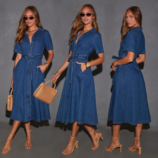 Vintage V-Neck Tie-Front Denim Dress