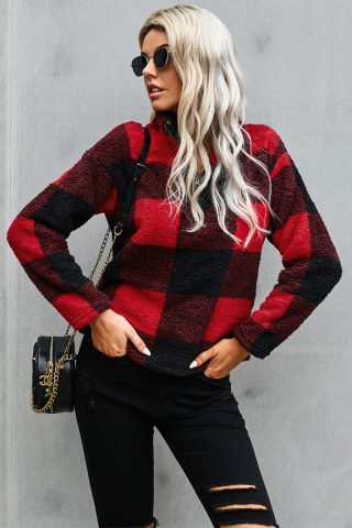 Fiery Red Plaid Zip Collar Plush Sweatshirt 3