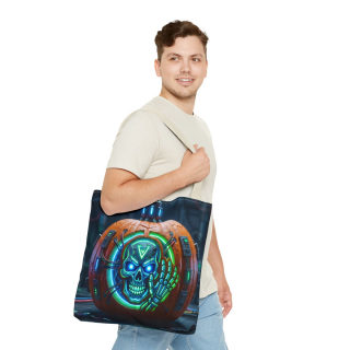 Cyber Pumpkin Skull Tote Bag | Neon Sci-Fi Halloween Tote 42