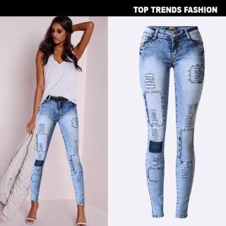 Slim Pencil Pants | Stretch Ripped Multi-Hole Denim