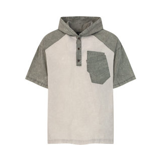 Vintage Color Block Hooded Short Sleeve Top