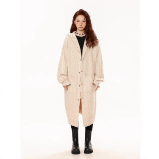 Women's Cable Knit Cardigan | Mid-Length Loose Fit Hooded 2