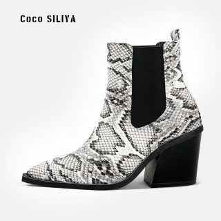 Women's Patterned Ankle Boots | Thick Heel Pointed Toe Martin Boots 6