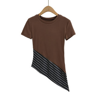 Striped Round Neck Diagonal Hem T-Shirt | Basic Casual 3