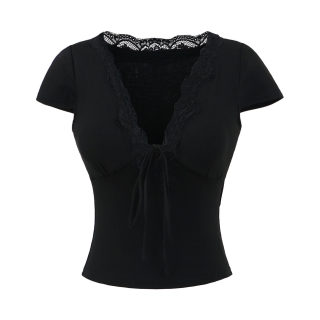 Lace V-Neck Short Sleeve Top with Padded Cups 6