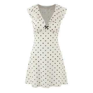 V-Neck Flutter Sleeve Wave Dot Ruffle Waist-Cinched Dress 2