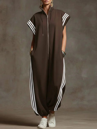 Striped Zipper Stand Collar Jumpsuit | Spring Summer Overalls 6