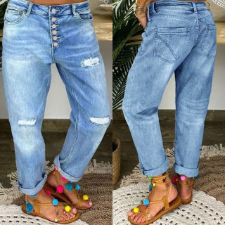 Blue Ripped Jeans, Loose Straight Leg