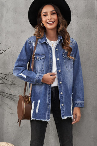 Blue Distressed Denim Jacket with Front Pockets 4
