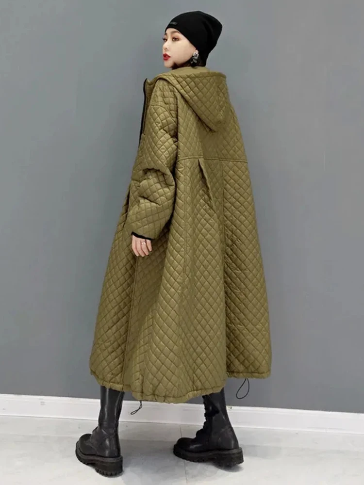 Hooded Parka | Solid Color Long Large Size Diamond Lattice Zipper A-Line