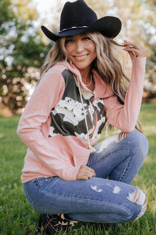 Pink Cow Spots Patchwork Half-Zip Hoodie | Drawstring Kangaroo Pocket 6