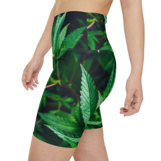 Green Cannabis Leaf Pattern Women's Workout Shorts | All-Over Print 5