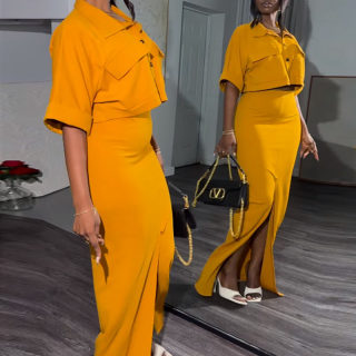 Summer Collared Shirt Top and Wrap Skirt Set 3