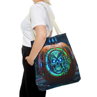 Cyber Pumpkin Skull Tote Bag | Neon Sci-Fi Halloween Tote 57