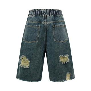 Unisex Retro Washed Striped Distressed Denim Shorts 4