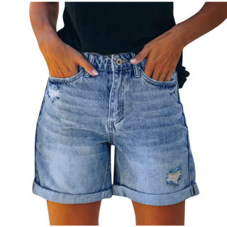 High-Waisted Fringed Distressed Denim Shorts for Women | Straight-Leg Casual 6