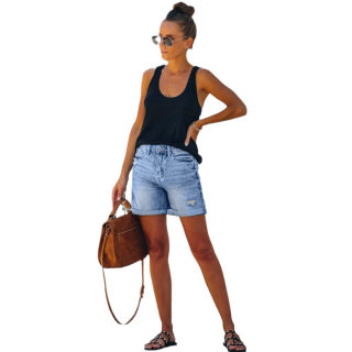 High-Waisted Fringed Distressed Denim Shorts for Women | Straight-Leg Casual 5