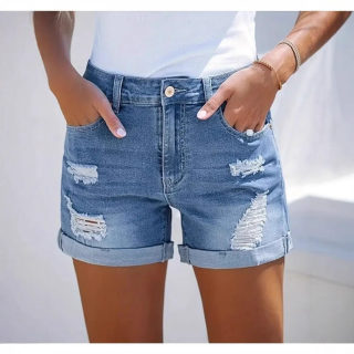 High-Waist Slimming Denim Shorts for Women | Straight-Leg Casual with Hole Design
