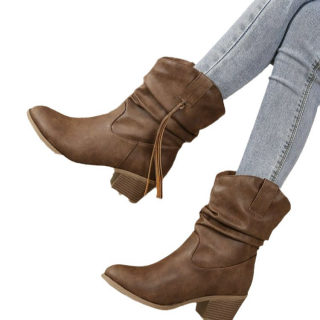 Pleated Chunky Heel Stacked Boots with Tassels | Women's 5