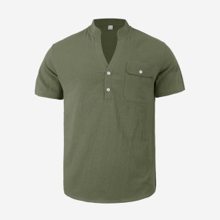 Men's Casual Cotton-Linen Short Sleeve Shirt | Stand Collar Henley 3