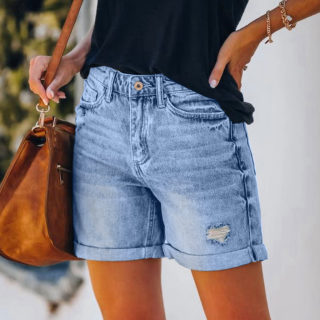 High-Waisted Fringed Distressed Denim Shorts for Women | Straight-Leg Casual 3