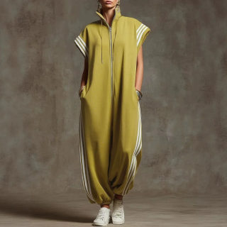 Striped Zipper Stand Collar Jumpsuit | Spring Summer Overalls 3