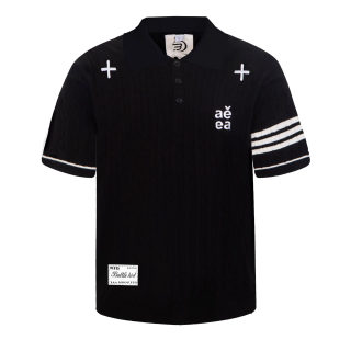 Four-Stripe Herringbone Knit Polo Shirt | Unisex Cross Embroidery 3