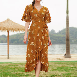 Floral V-Neck Summer Dress | French Waist Bandage Tea-Length Skirt 2