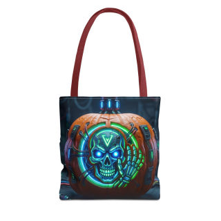 Cyber Pumpkin Skull Tote Bag | Neon Sci-Fi Halloween Tote 4