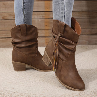 Pleated Chunky Heel Stacked Boots with Tassels | Women's 2