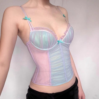 Girly Mesh Splicing V-Neck Backless Crop Top | Sexy Sheer Design
