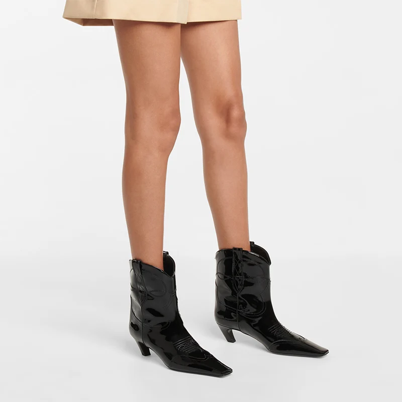 Women's Pointed Toe Cowboy Boots | Low Heel Leather Cowgirl Ankle Boots 6