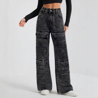 Vintage Washed Straight-Leg Cargo Jeans with Pockets and Patchwork