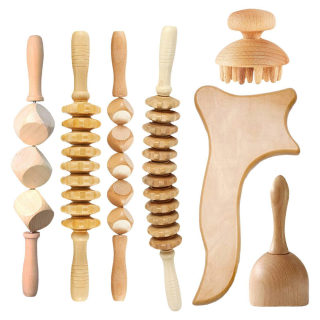 Beech Wood Massage Set — Gua Sha Cup, Roller & Muscle Stick 4