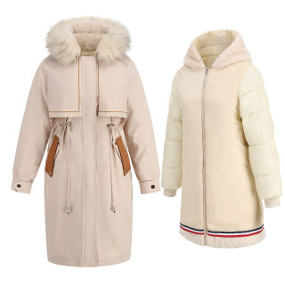 Cotton Winter Coat | Long Warm Zipper Jacket with Wool Collar, 2-Piece 2
