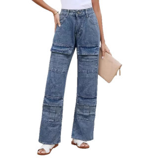 Vintage Washed Straight-Leg Cargo Jeans with Pockets and Patchwork 5