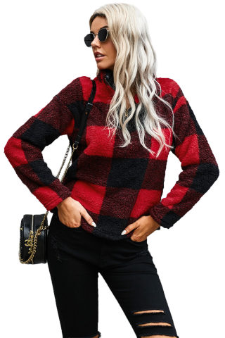 Fiery Red Plaid Zip Collar Plush Sweatshirt 5