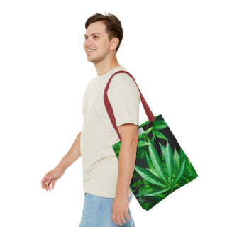 Green Cannabis Leaf Tote Bag | All-Over Print Hemp Plant Design 35