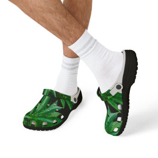 Green tropical leaf print clog shoes 17