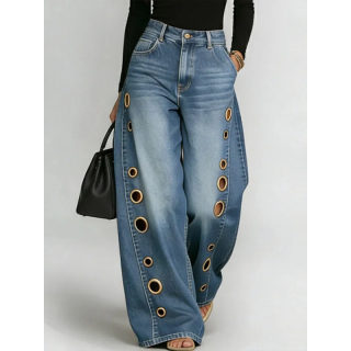 Women's Metal Eyelet Wide-Leg High-Waisted Jeans 6