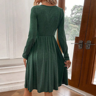 Waist-Cinched Round Neck A-Line Knit Dress | Long Sleeve with Pockets 2
