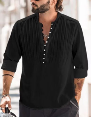 Men's Cotton-Linen Casual Shirt with Stand Collar
