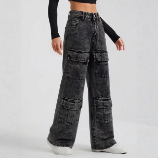 Vintage Washed Straight-Leg Cargo Jeans with Pockets and Patchwork 3
