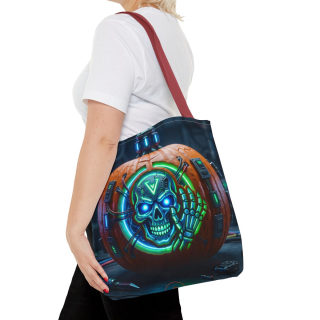 Cyber Pumpkin Skull Tote Bag | Neon Sci-Fi Halloween Tote 50