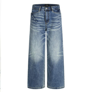 Washed Ripple White Straight Leg Denim Jeans