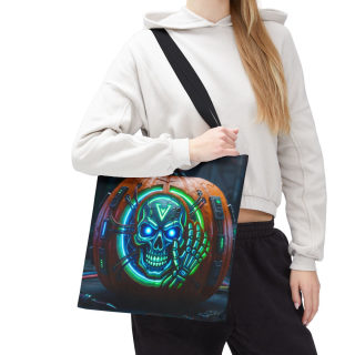 Cyber Pumpkin Skull Tote Bag | Neon Sci-Fi Halloween Tote 92
