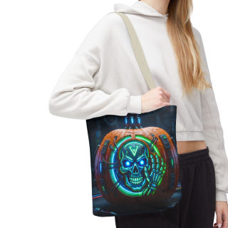 Cyber Pumpkin Skull Tote Bag | Neon Sci-Fi Halloween Tote 99