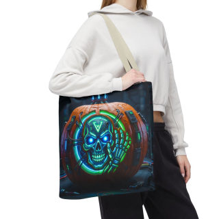 Cyber Pumpkin Skull Tote Bag | Neon Sci-Fi Halloween Tote 101
